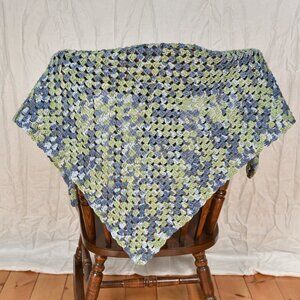 New hand crocheted shawl, beautiful pattern & colors, a generous 66" across